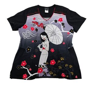 Disney Mulan Mushu Graphic Scrub Top Black Grey Ombre V-Neck Medium EUC